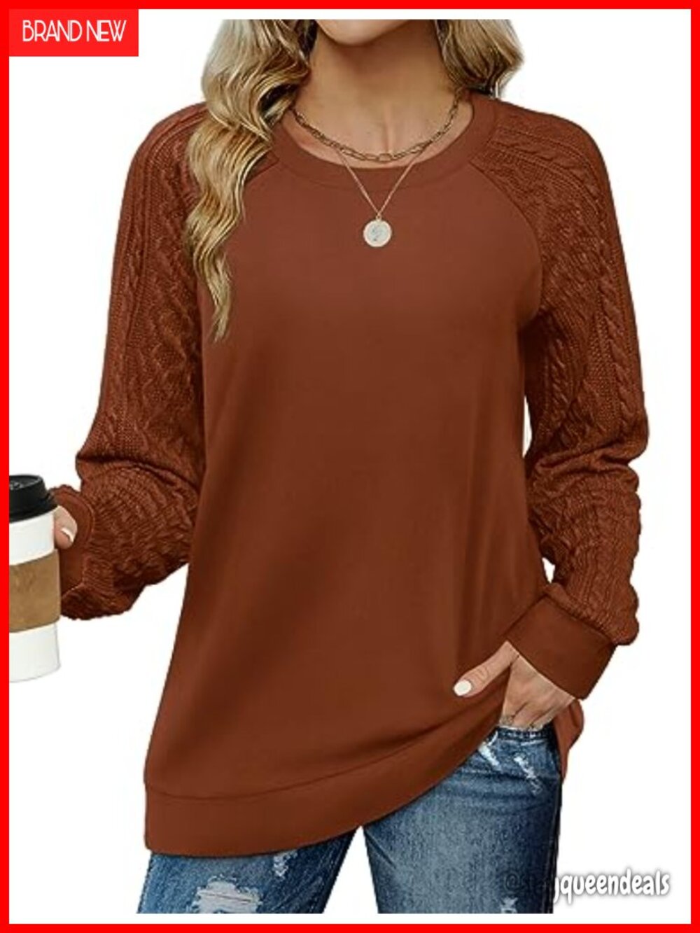 Cable Knit Sleeve Sweatshirt Crewneck Lightweight Cozy Pullover
